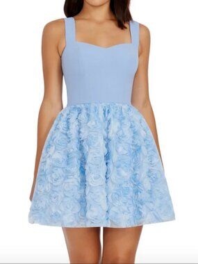 Dress The Population Melanie Blue 3D Tule Rosette Skirt Mini Dress M Coquette